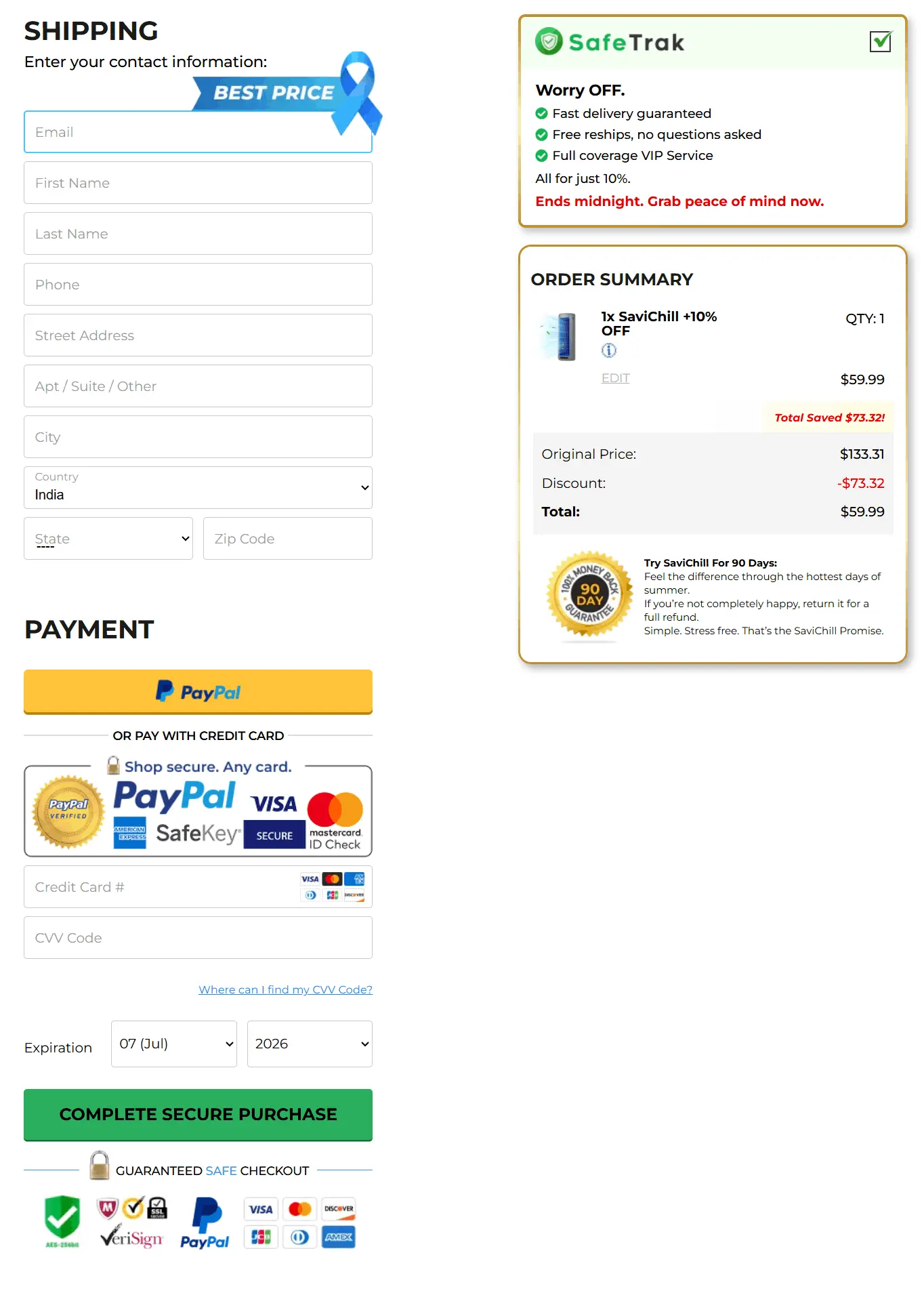 Savichill secure checkout page